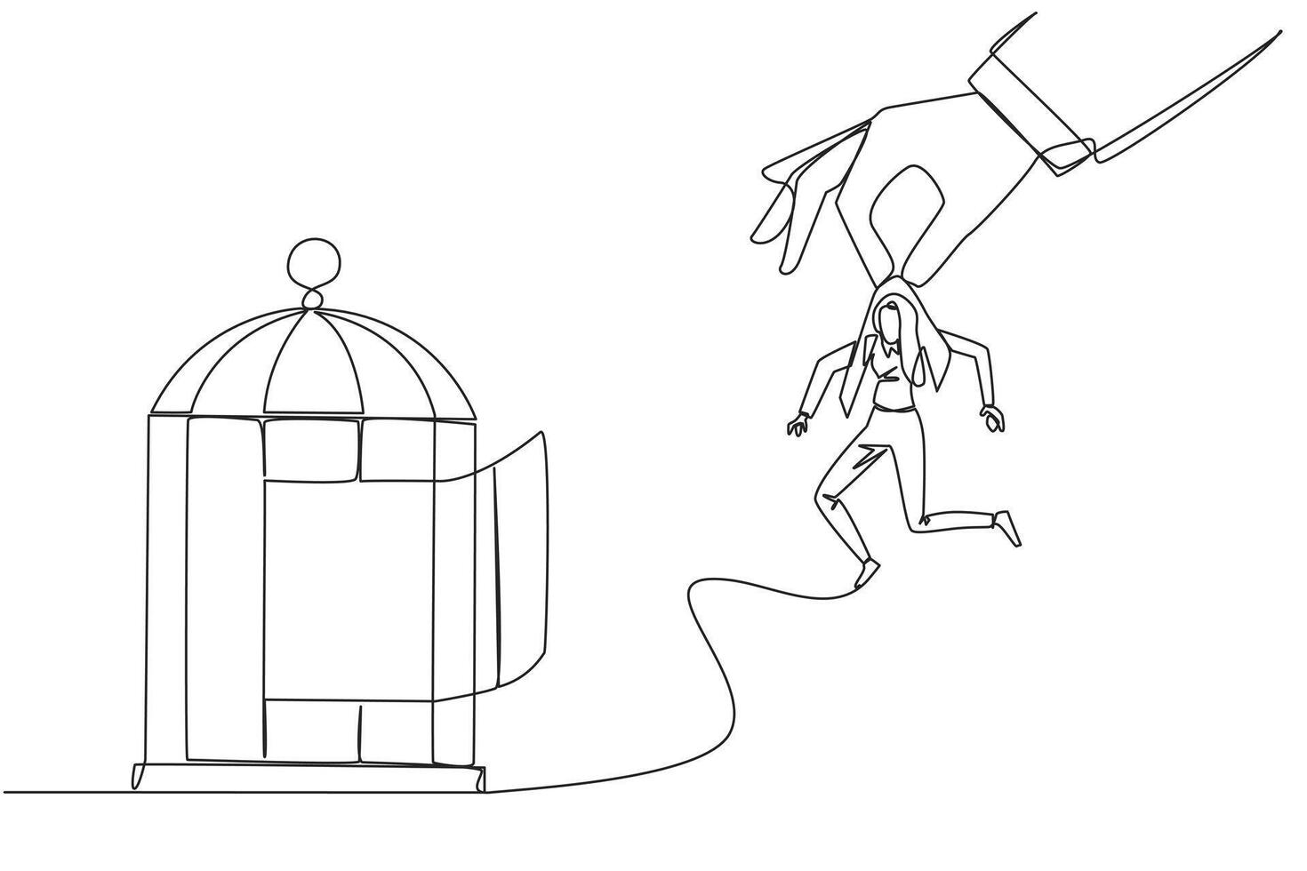 Single continuous line drawing big hands holding businesswoman and want put in a cage. Trapping roughly. Beating a business opponent by cheating. Unfair business. One line design vector illustration