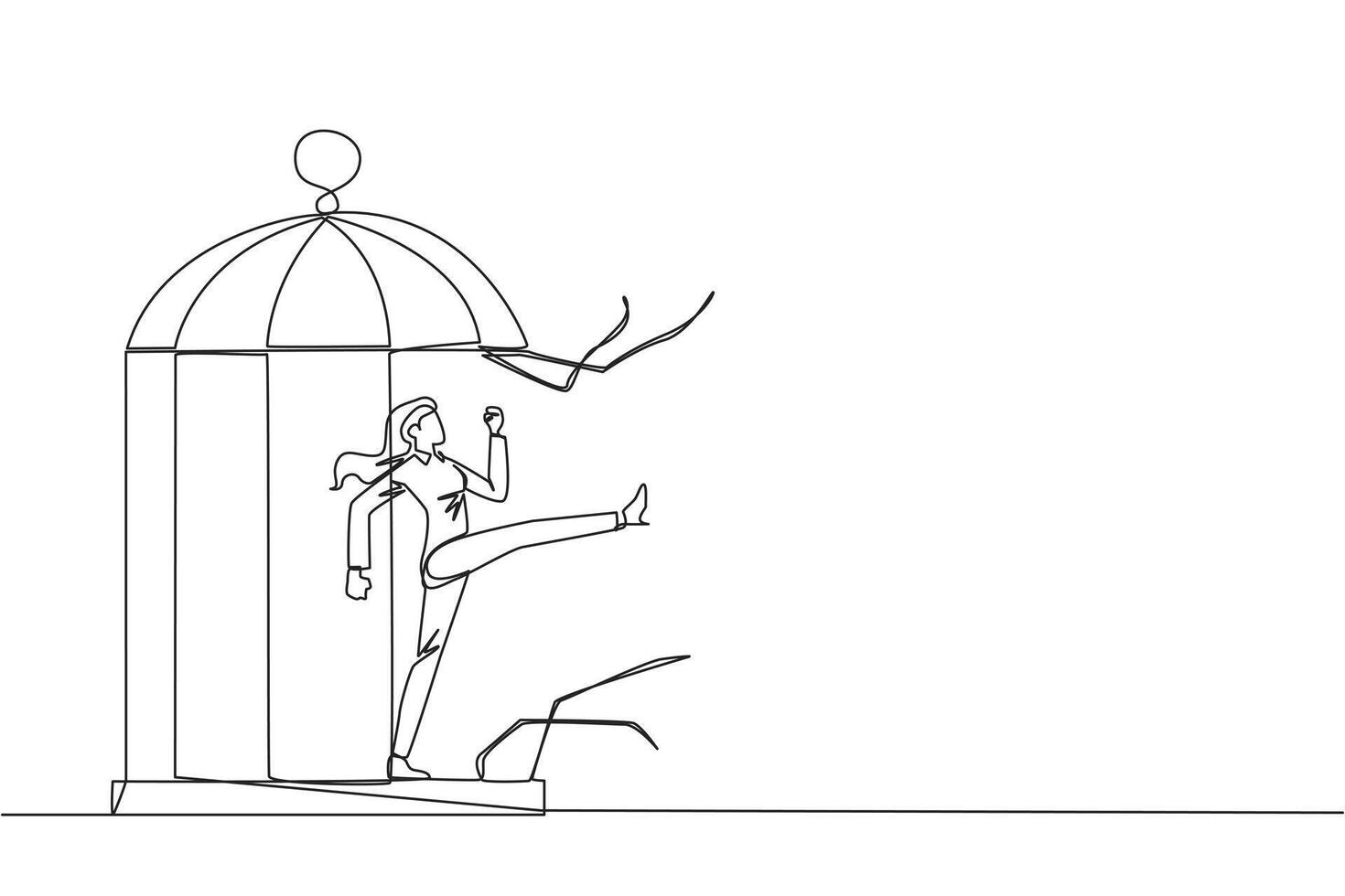 Single one line drawing businesswoman trapped in cage kick the cage until wrecked. Freedom of expression for the smooth running of business. Distractions. Continuous line design graphic illustration vector