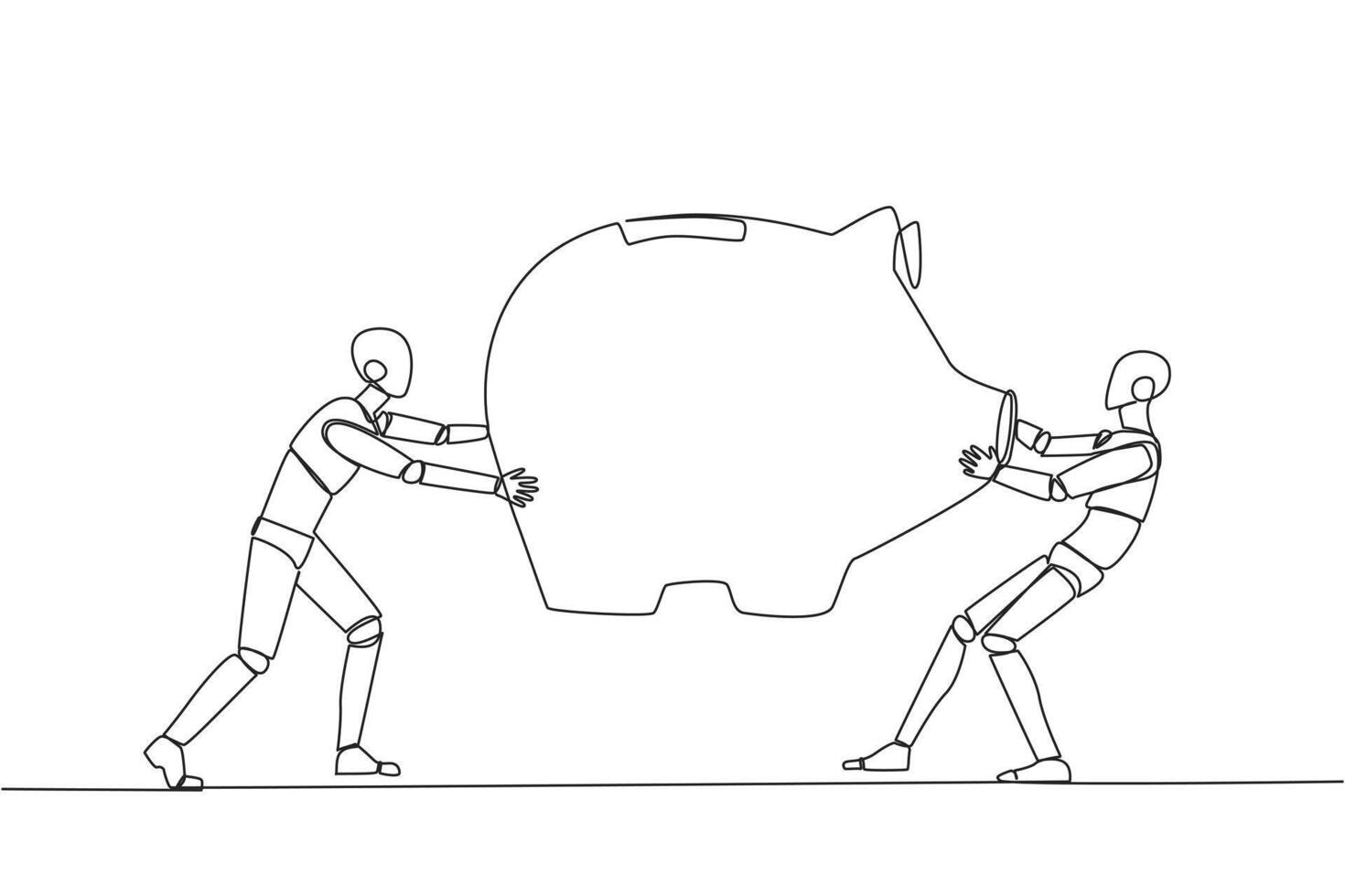 Single continuous line drawing two selfish robot fighting over big piggy bank. Arguing and each other feel entitled. Robot versus robot. Attack. Future technology. One line design vector illustration