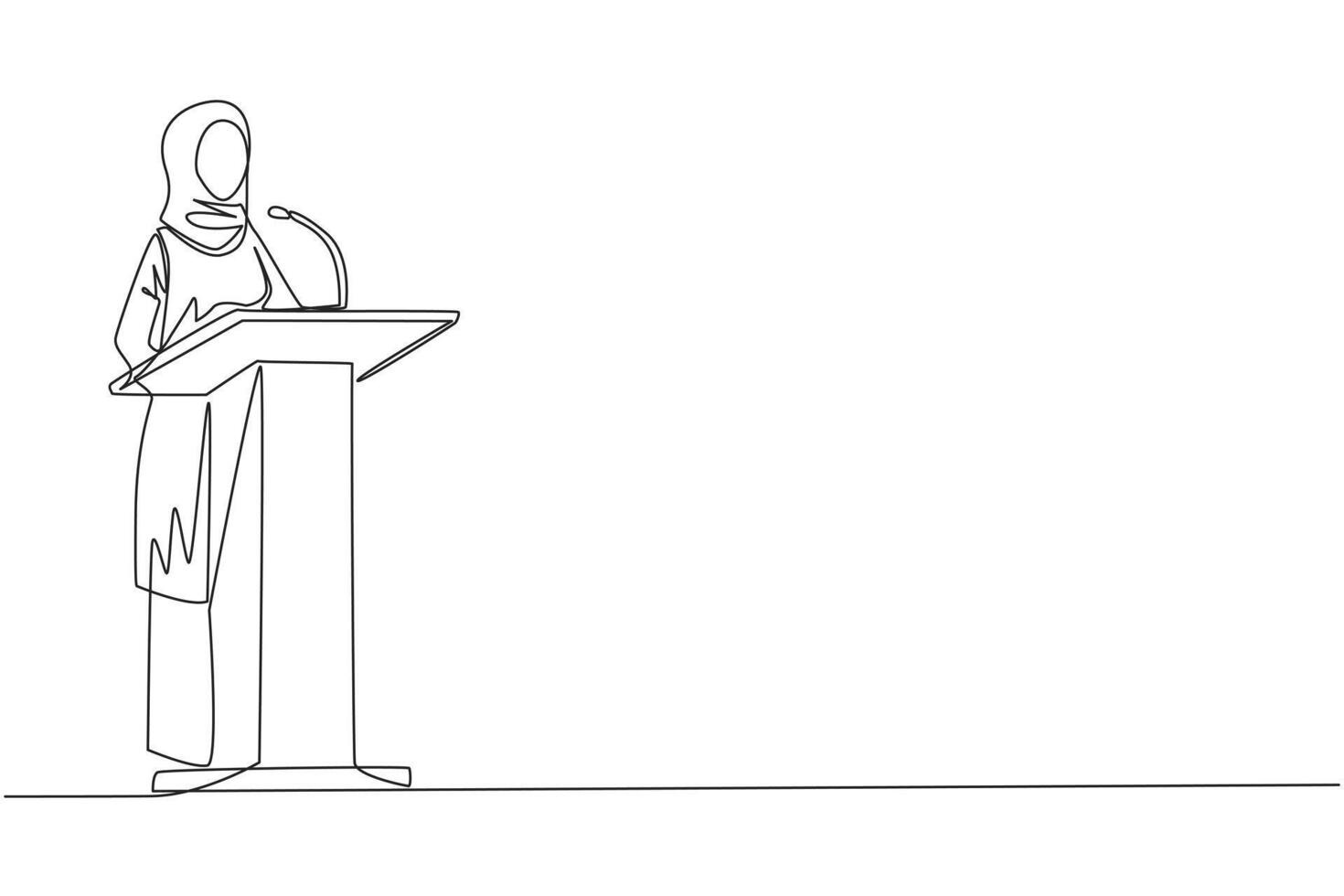 Single one line drawing Arabian businesswoman give a speech at podium. Convey tips for success in doing business by continuing to preserve nature. Oration. Continuous line design graphic illustration vector