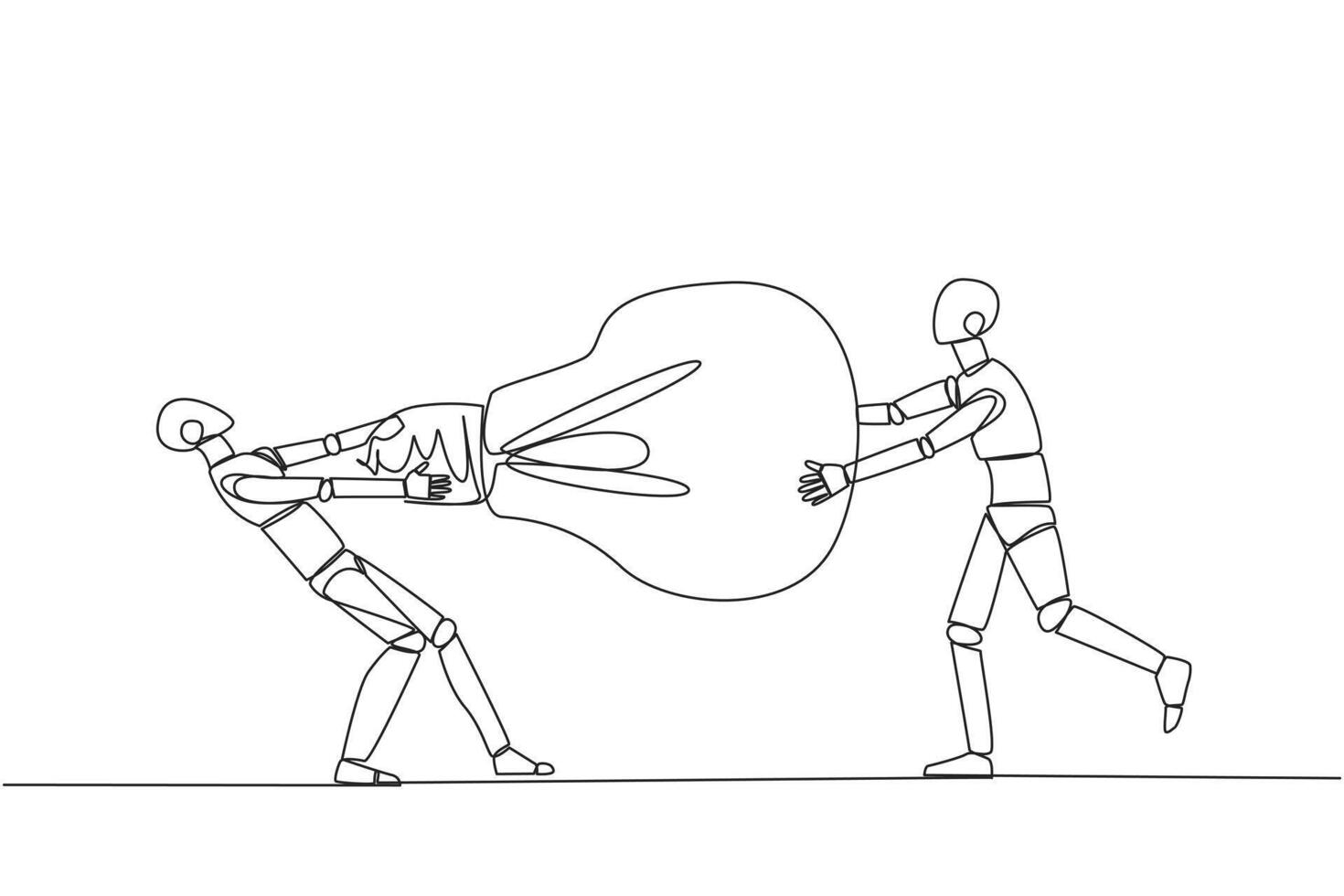 soltero continuo línea dibujo dos enojado robot luchando terminado bombilla. ambos de ellos difería, sensación más bien. emocional robótico versus. conflicto. ai tecnología uno línea diseño vector ilustración