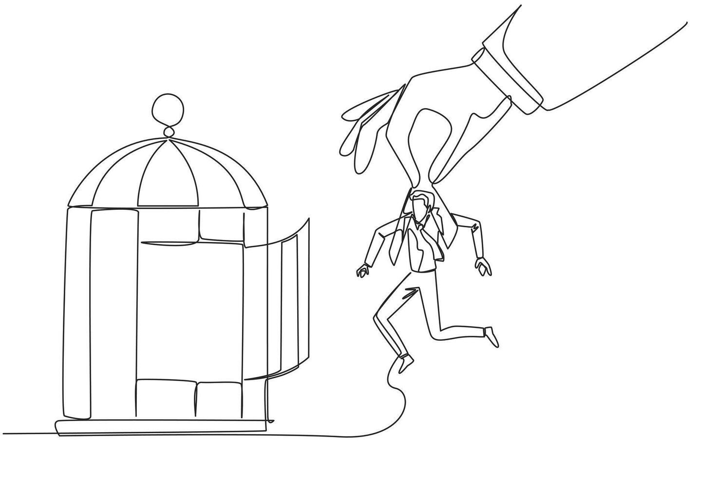 Single one line drawing big hands holding businessman and want put in a cage. Trapping roughly. Beating a business opponent by cheating. Unfair business. Continuous line design graphic illustration vector