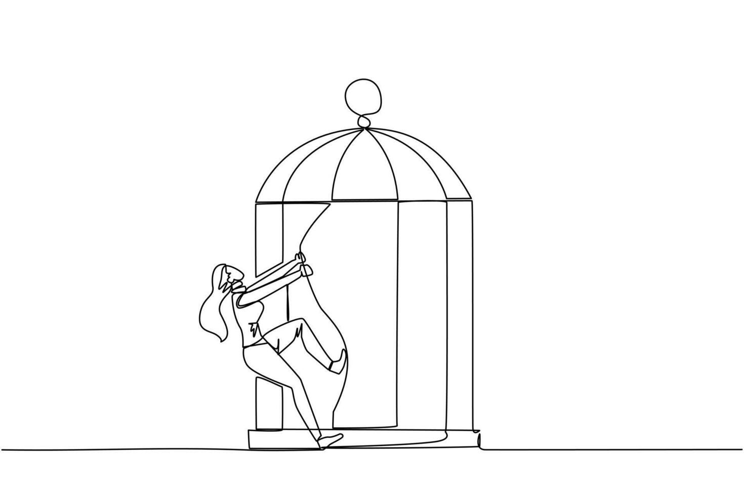 Single continuous line drawing young businesswoman pull the iron bars until dented. Describes anger. Businesswoman expressing disappointment. Unhappy. Exasperated. One line design vector illustration