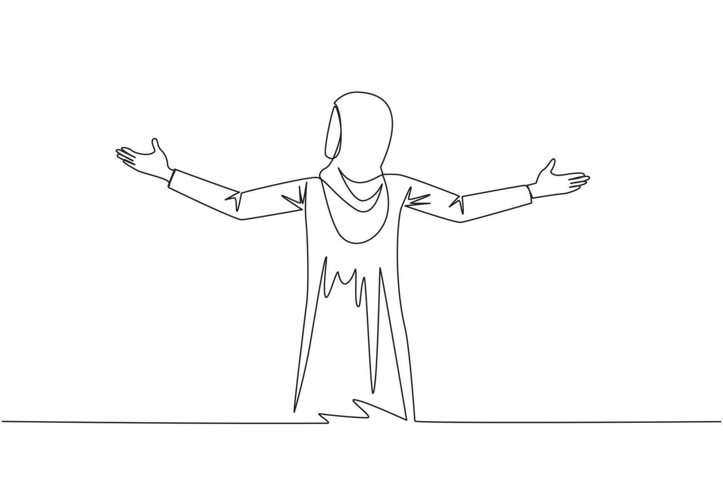 Continuous one line drawing rear view of Arab businesswoman speaking at podium while opening hands. Style like successful motivator. Invite to increase business. Single line draw vector illustration