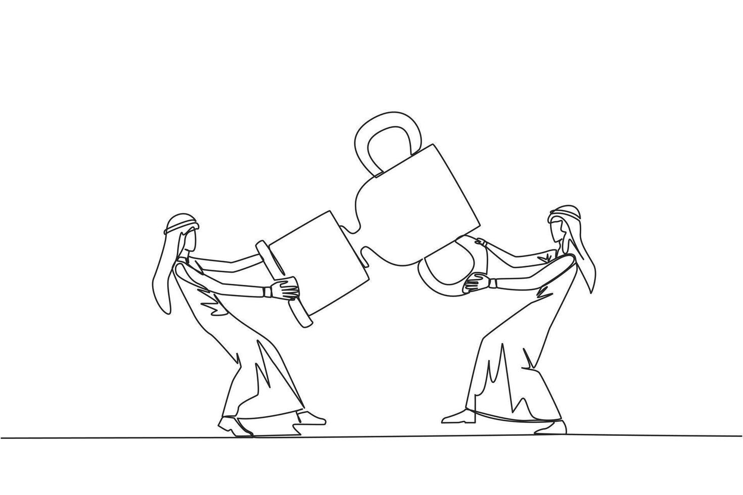 Single continuous line drawing two Arabian businessman fighting over trophy. There are no co-champions. The two entrepreneurs are required to contest ideas again. One line design vector illustration