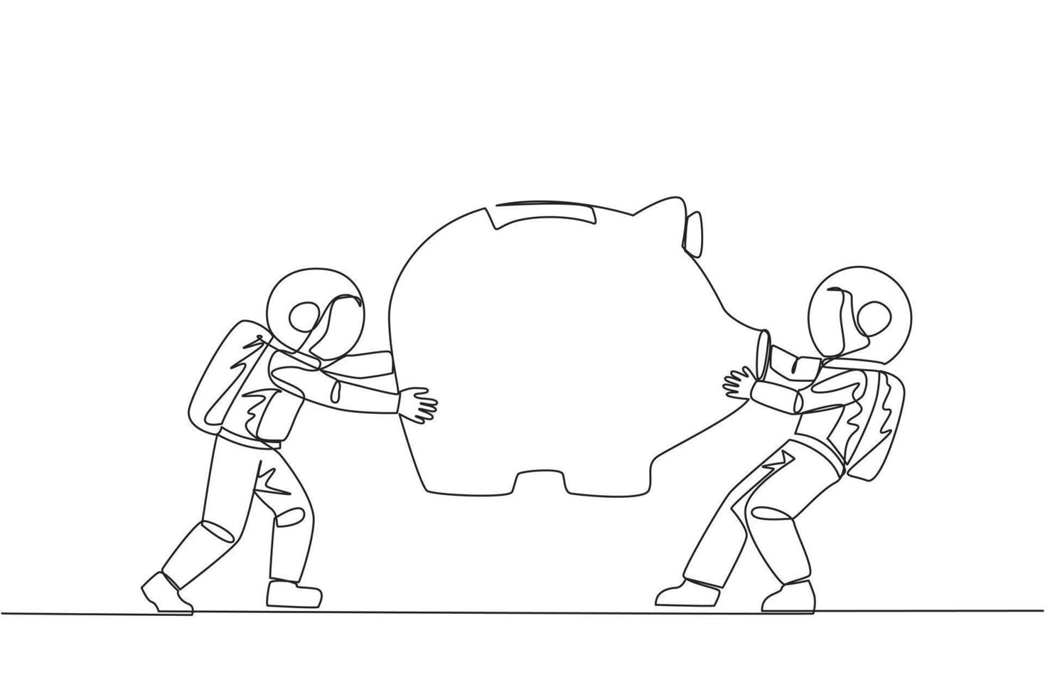 Single one line drawing two selfish astronaut fighting over big piggy bank. Arguing and each other feel entitled. Astronaut versus astronaut. Attack. Space. Continuous line design graphic illustration vector