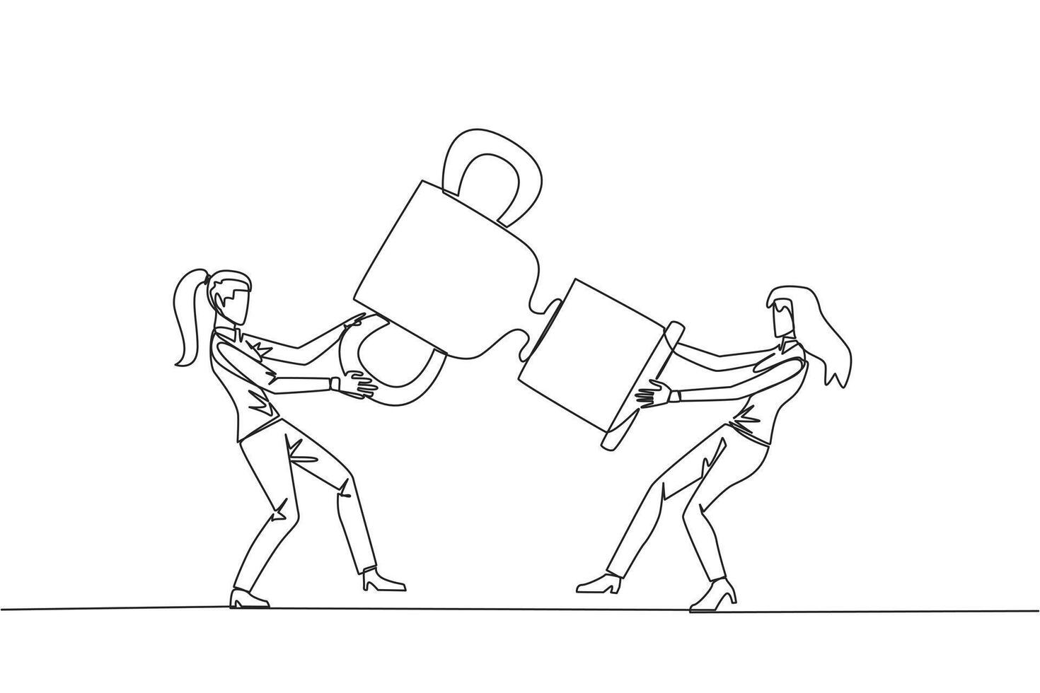 Single one line drawing two businesswoman fighting over the trophy. There are no co-champions. The two entrepreneurs are required to contest ideas again. Continuous line design graphic illustration vector