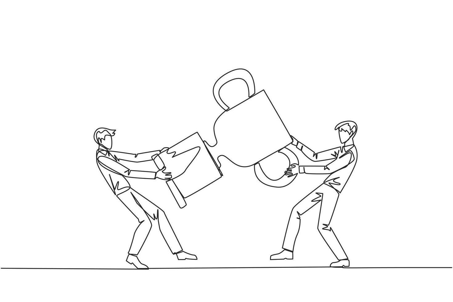Continuous one line drawing two businessman fighting over trophy. There are no co-champions. The two entrepreneurs are required to contest ideas again. Single line draw design vector illustration