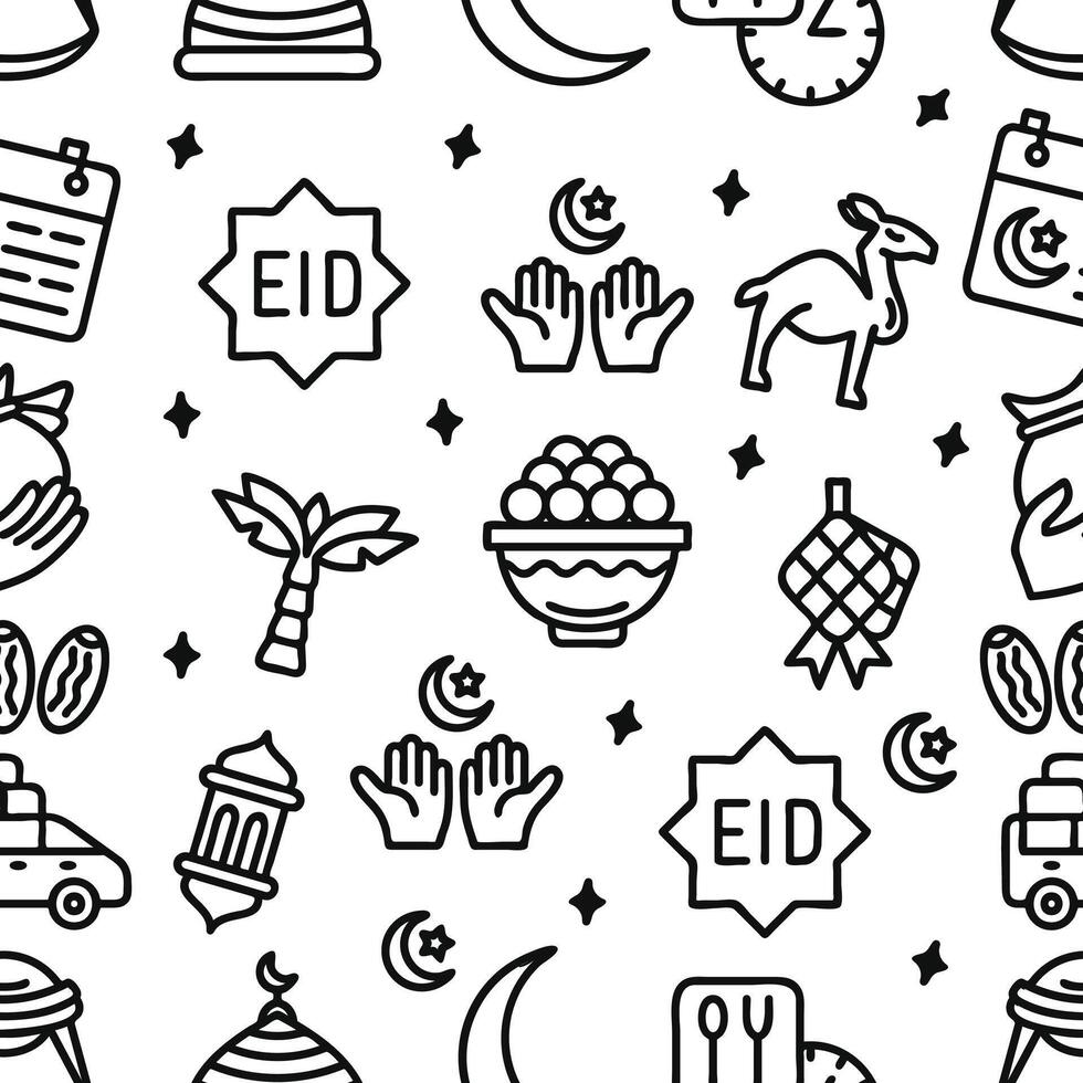 Seamless pattern of Eid al-Fitr background. Line hand-drawn vector illustration.