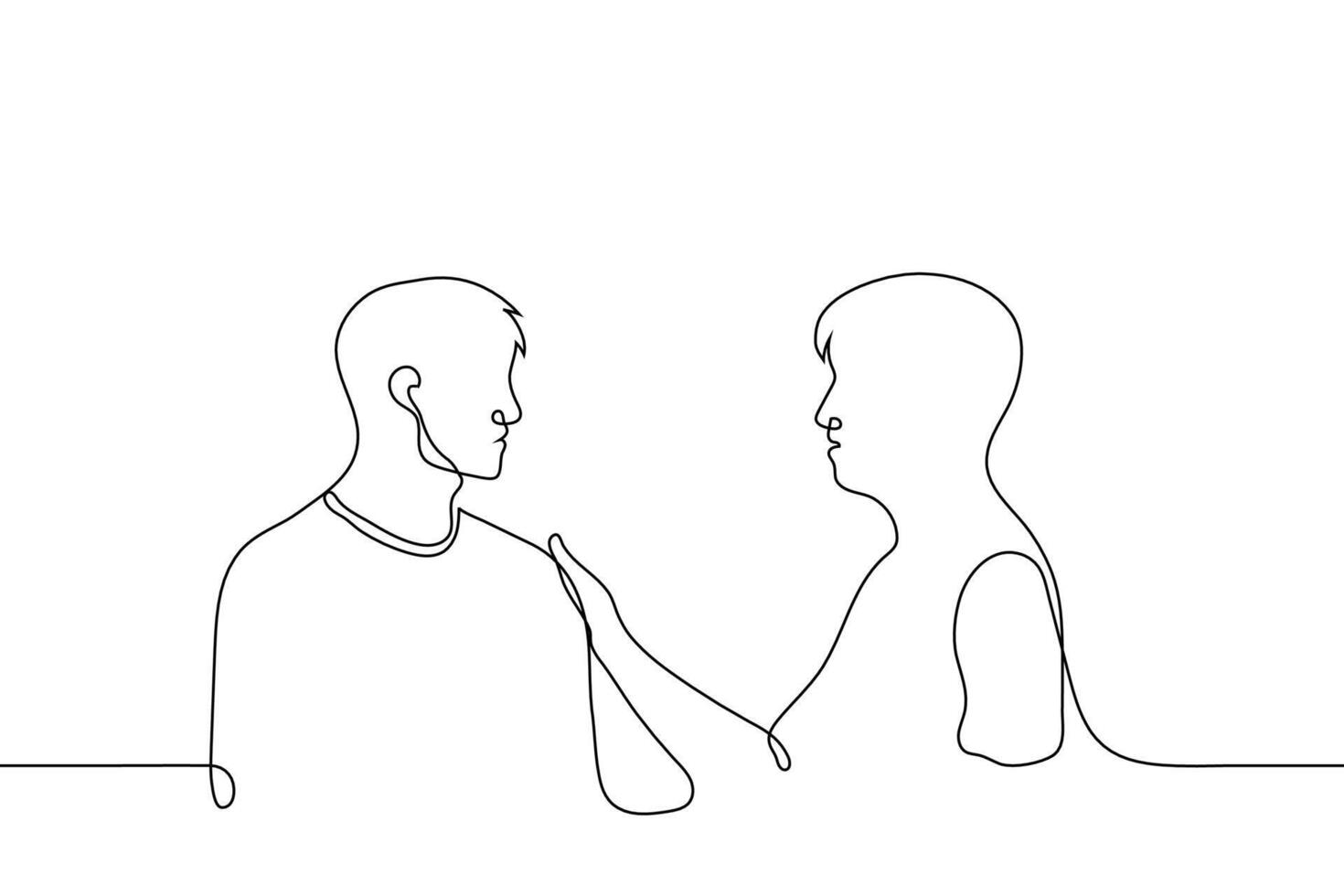 man comforting another holding him by the shoulder - one line drawing vector. concept friendly support, emotional help, empathy, kindness, mercy, sympathetic, offer your help vector