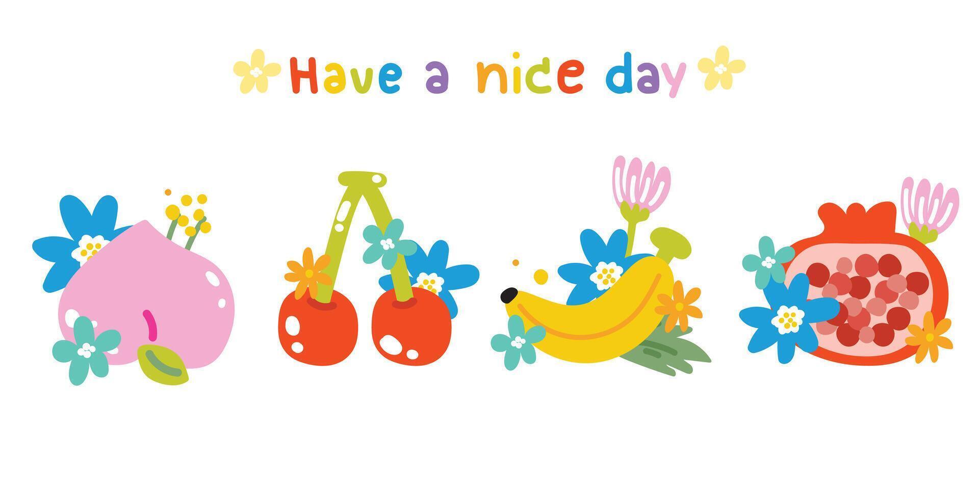 Set of cute various fruits with flower cartoon on white background.Fresh.Floral.Spring.Peach,cherry,banana,pomegranate hand drawn.Image for card,poster,sticker.Kawaii.Vector.Illustration. vector
