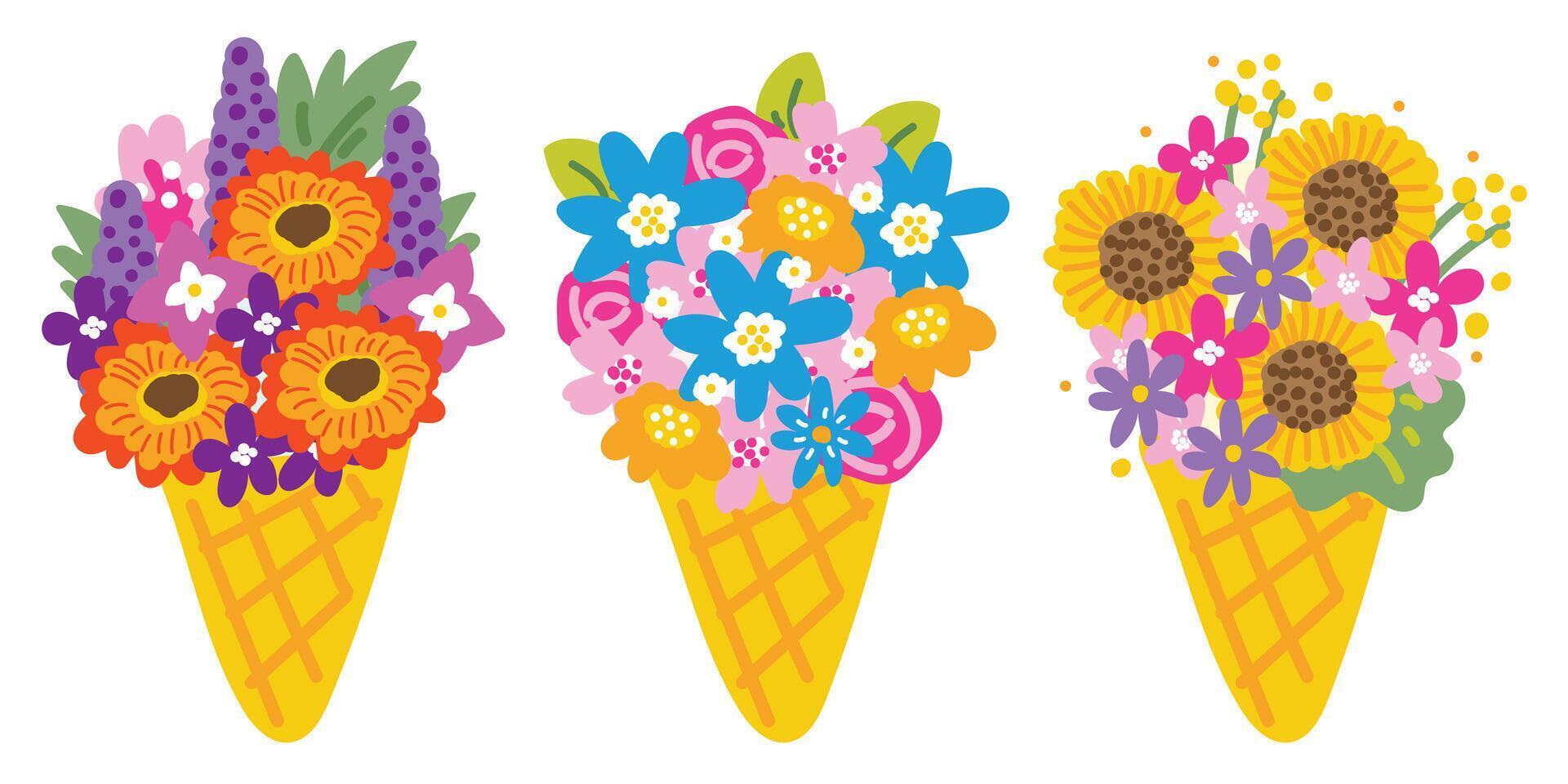 Set of cute various flower on ice cream cone hand drawn.Dessert and sweet collection.Floral.Nature.Spring.Blooming.Image for card,poster,marriage.Kawaii.Vector.Illustration. vector