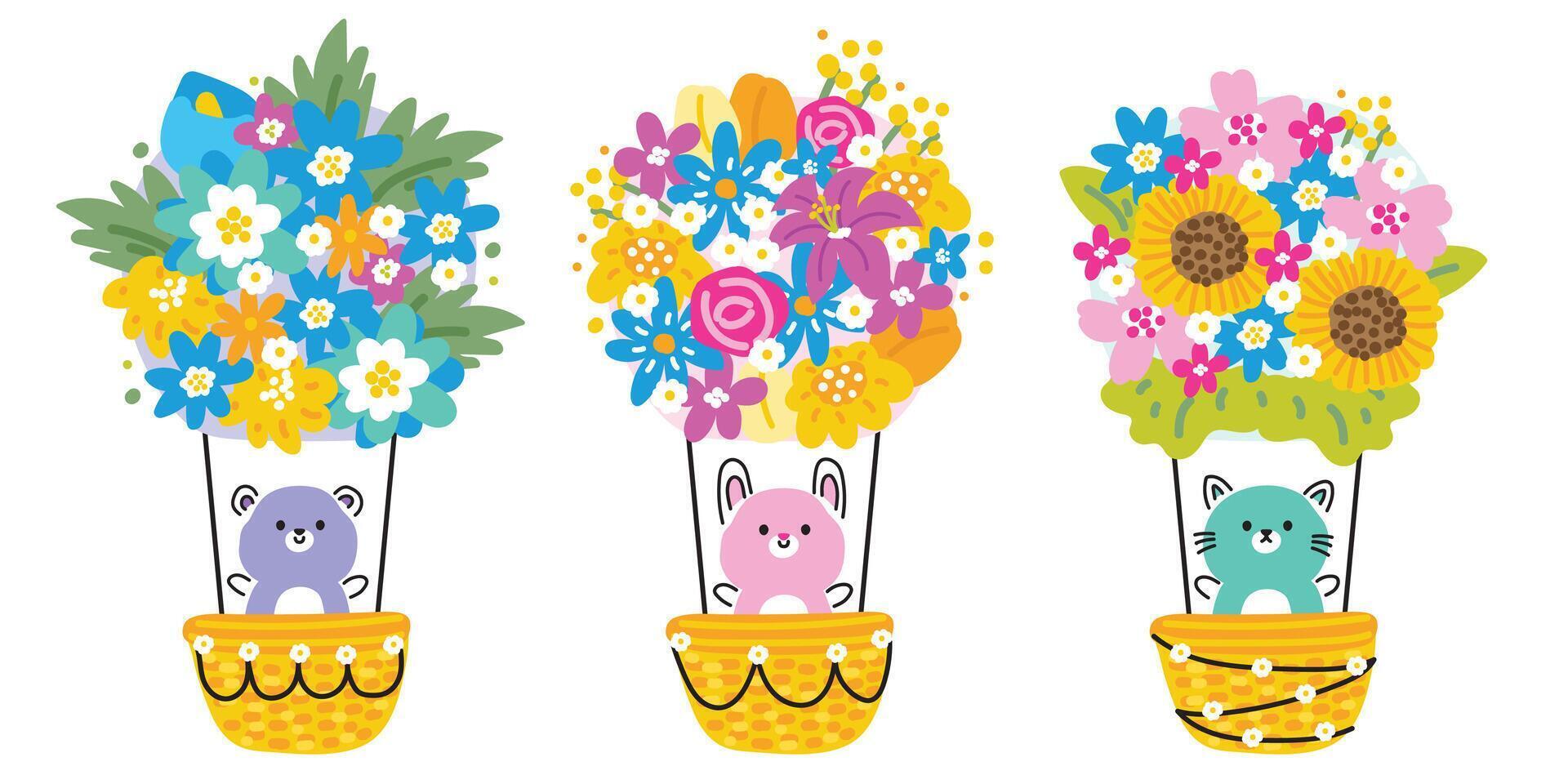 conjunto de linda animal línea estilo mano dibujado permanecer en flor globo en blanco fondo.primavera.floral.oso,conejo,gato colección.animal personaje dibujos animados diseño.kawaii.vector.ilustracion. vector