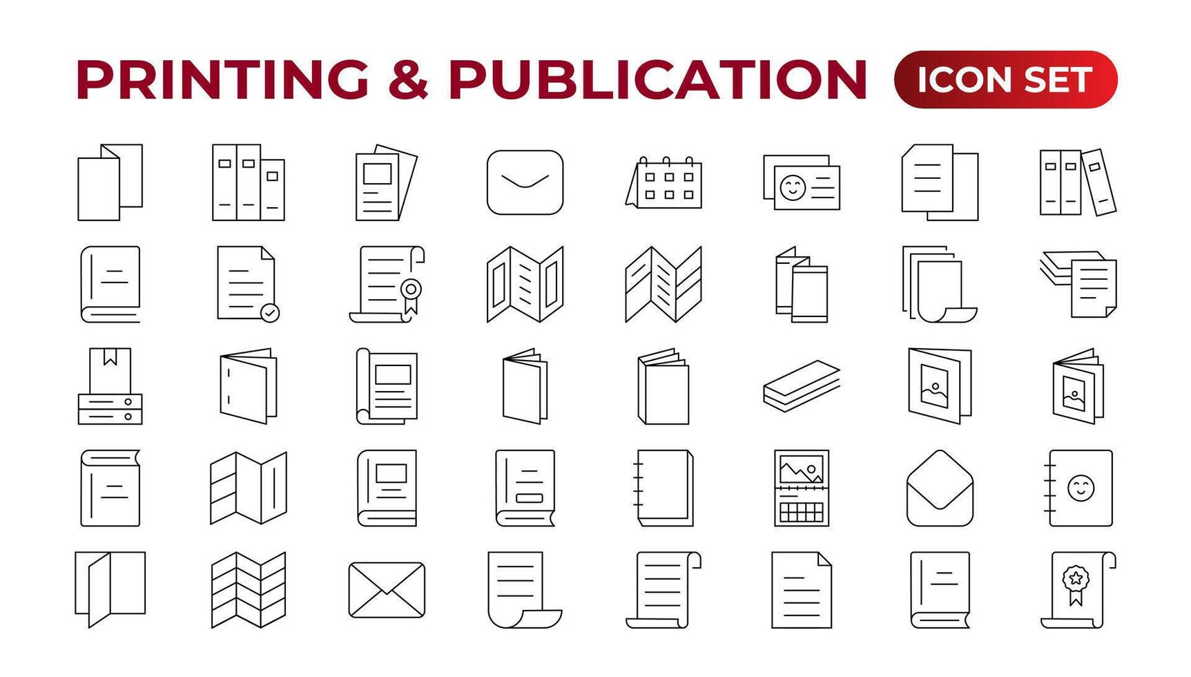 Printing and Publication icon set. Flyer Brochure line icon set. letterhead, booklet, leaflet, corporate catalog, and envelope icon set. Outline iconcollection. vector