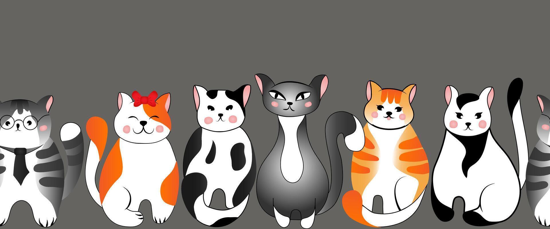 sin costura frontera modelo con linda rojo y gris gatos en blanco antecedentes. vector ilustración para niños.