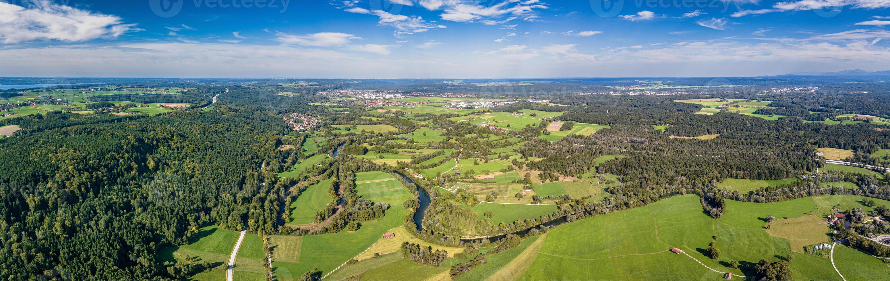 Loisach river with Starnbergersee lake in the back. Bavarian pre alps. Aerial photo