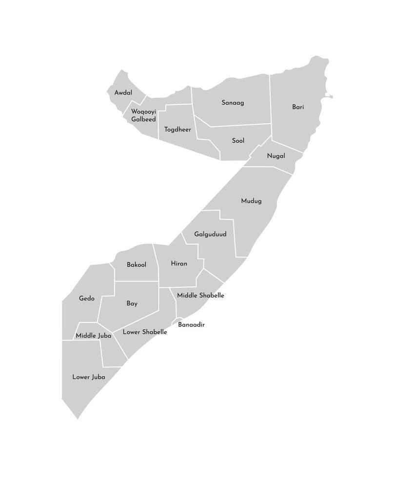 Vector isolated illustration of simplified administrative map of Somalia. Borders and names of the regions. Grey silhouettes. White outline.