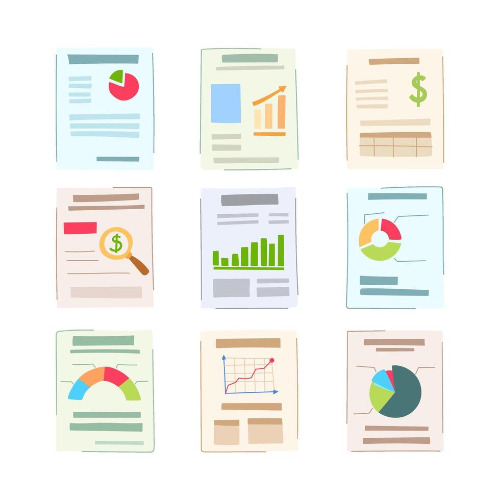 financial report set cartoon vector illustration