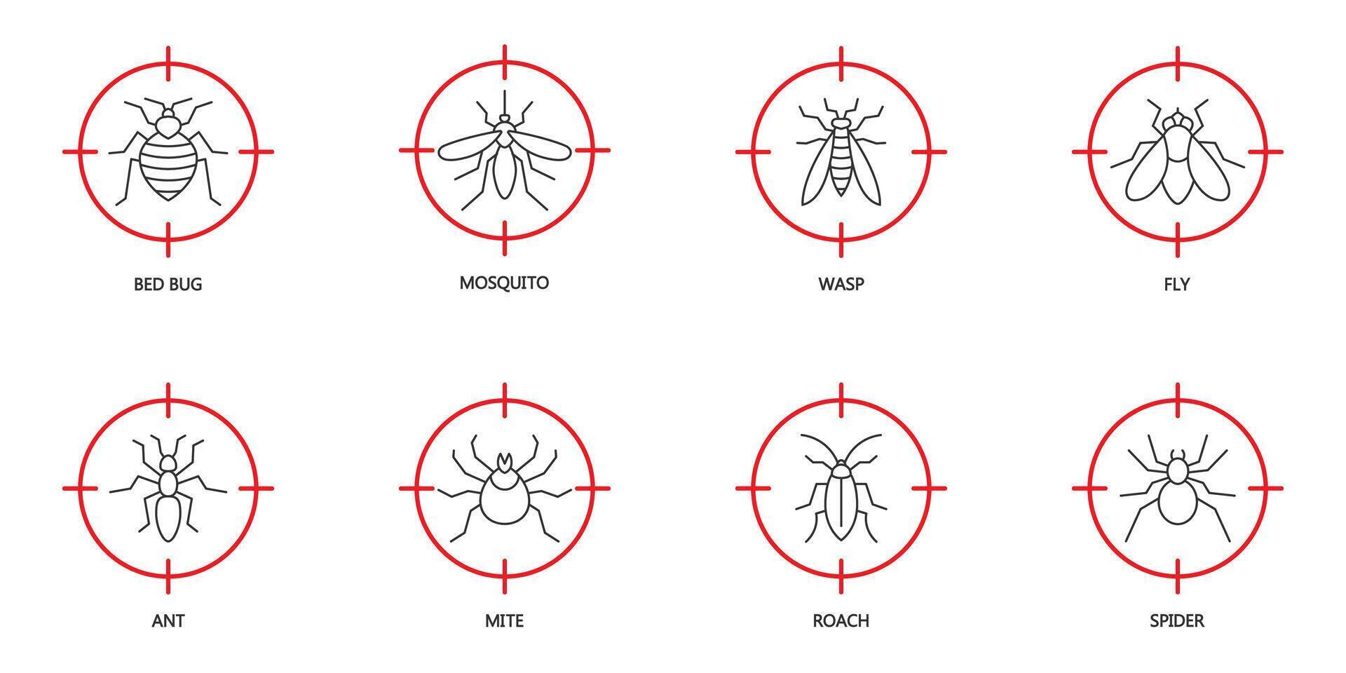 detener insecto icono colocar. parásito controlar íconos conjunto en rojo objetivo. insectos a punta de pistola. cama bicho, mosquito, avispa, volar, hormiga, Pizca, cucaracha, y araña simbolos vector ilustración.