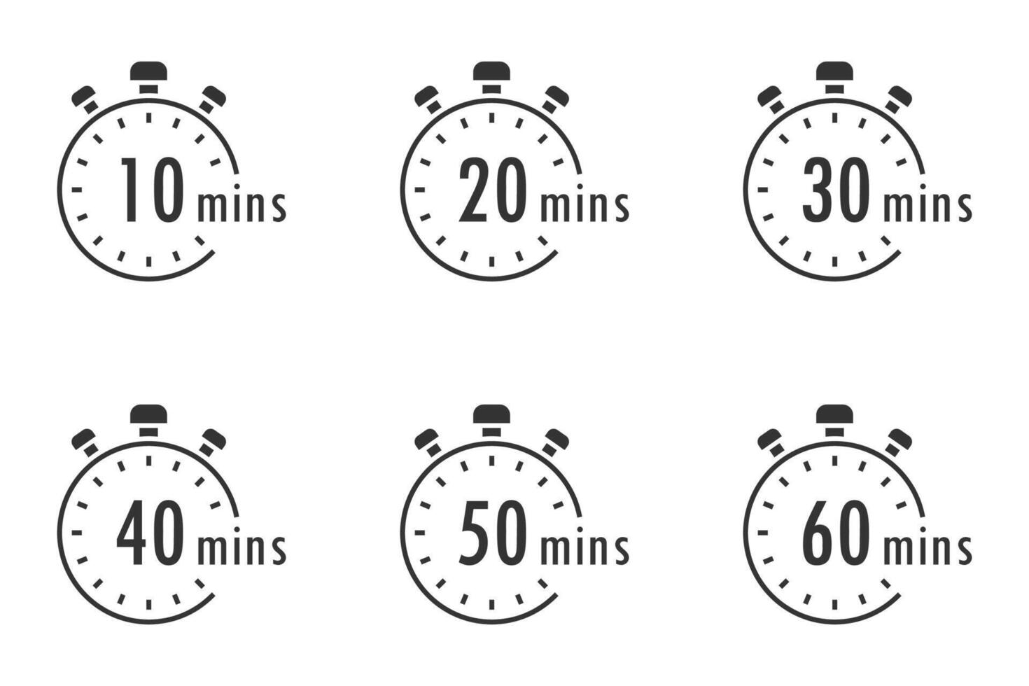 Set of timer. Stopwatch icons. Countdown 10.20,30,40,50,60 minutes. Stopwatch sign set. Vector illustration.