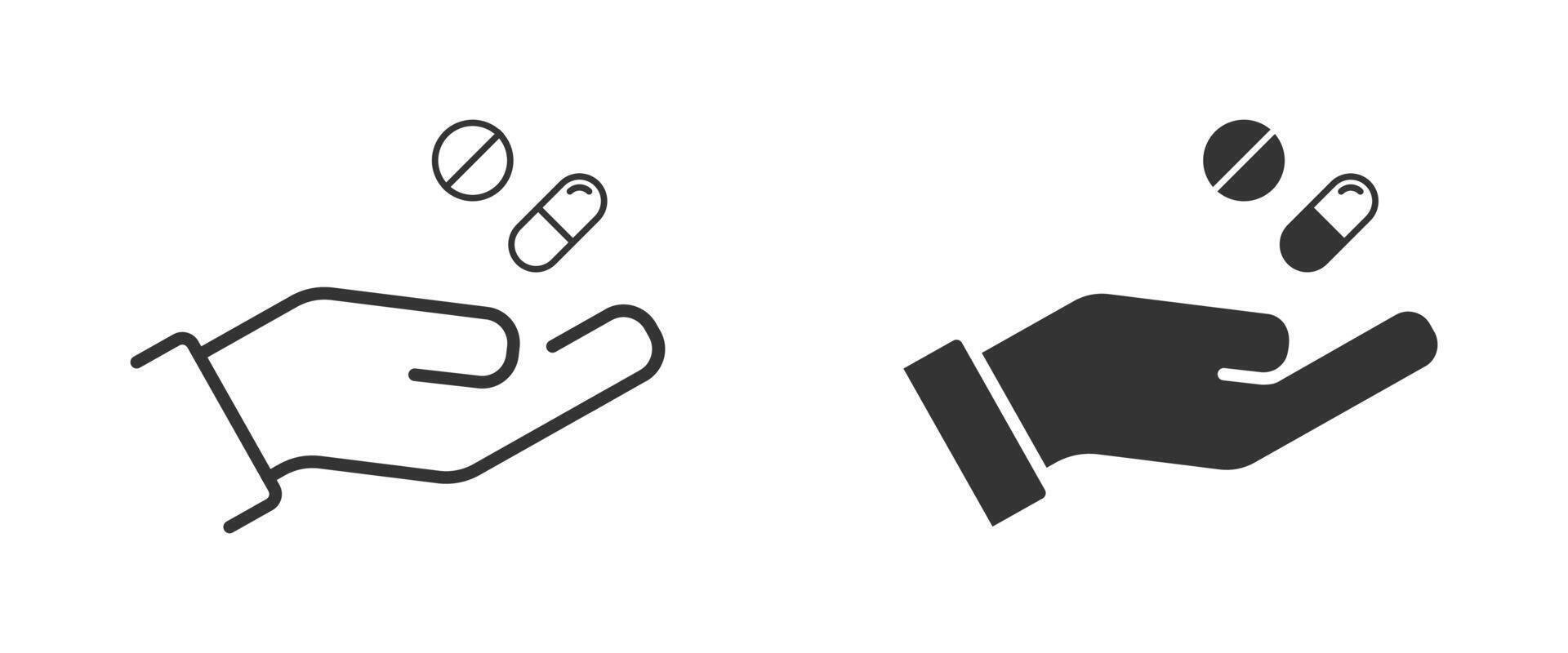 Pill in the hand icon. Health Care symbol. Flat vector illustration.