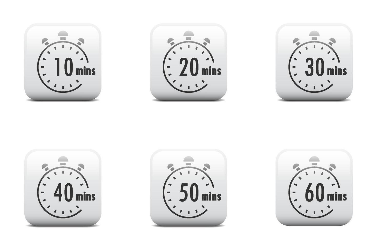 Set of timer. Stopwatch icons. Countdown 10.20,30,40,50,60 minutes. Stopwatch sign set. Flat vector illustration.