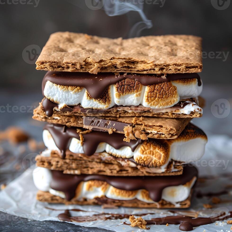 AI generated Roasted marshmallow sandwiched between chocolate and graham crackers, gooey perfection photo