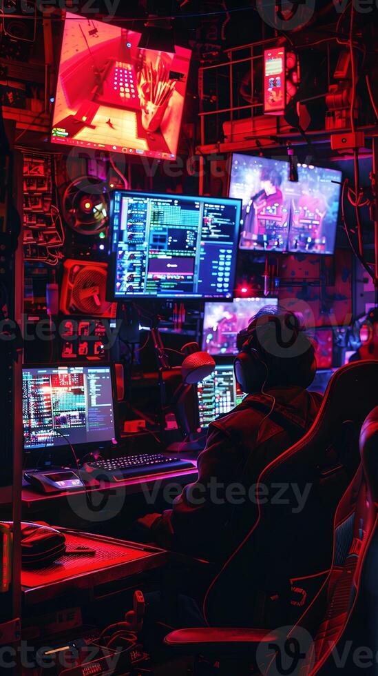 ai generado cyberpunk hackers guarida, pantallas radiante, digital rebelión foto
