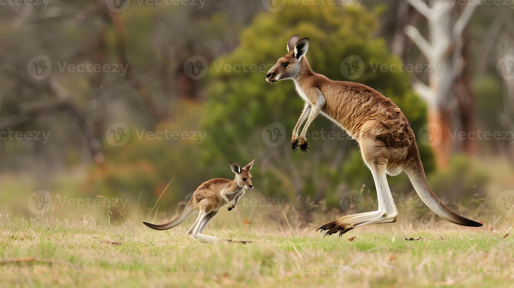 AI generated Joyful kangaroo with joey, family leap, outbacks rhythm photo