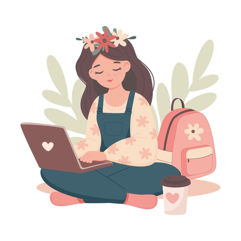 Girl student studing or working on lapltop with coffee cup. Cute flat style vector