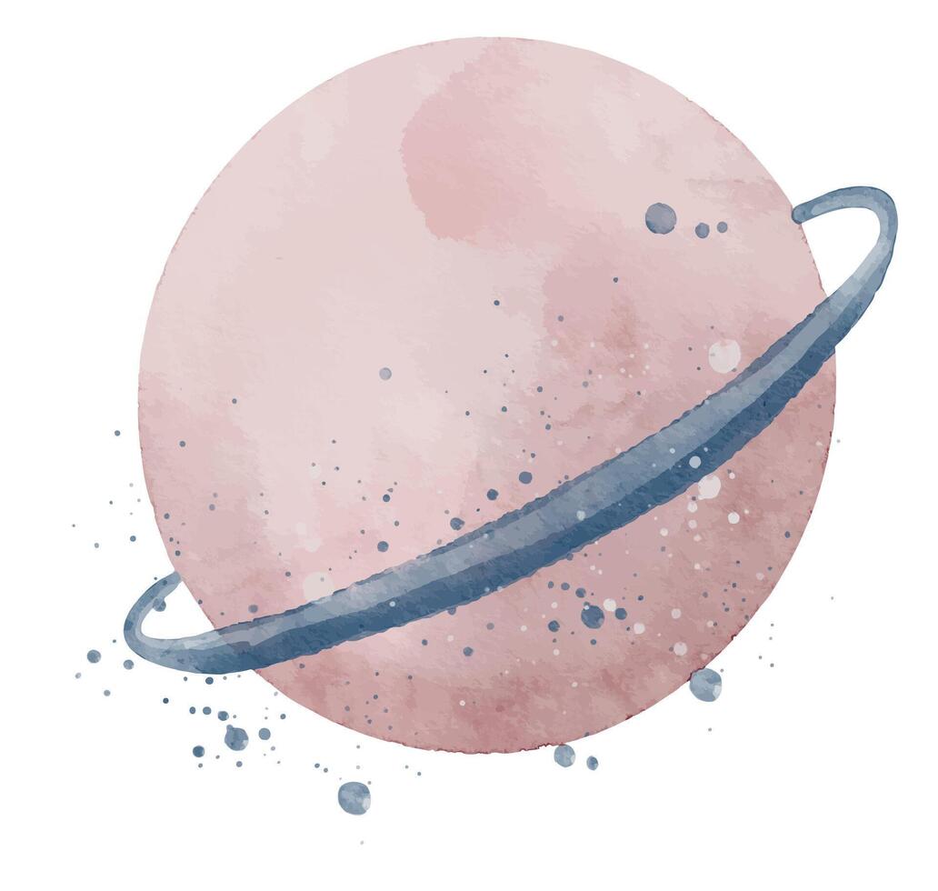 Pink watercolor Planet with ring. Hand drawn illustration of Space object in pastel pink colors for Baby shower greeting cards or childish birthday invitations. Painting with astronomical sphere vector