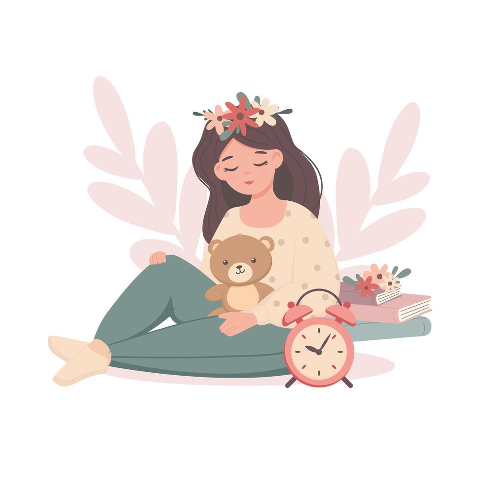 cansado niña estudiante sentado con libros, oso juguete y alarma reloj. linda plano estilo vector