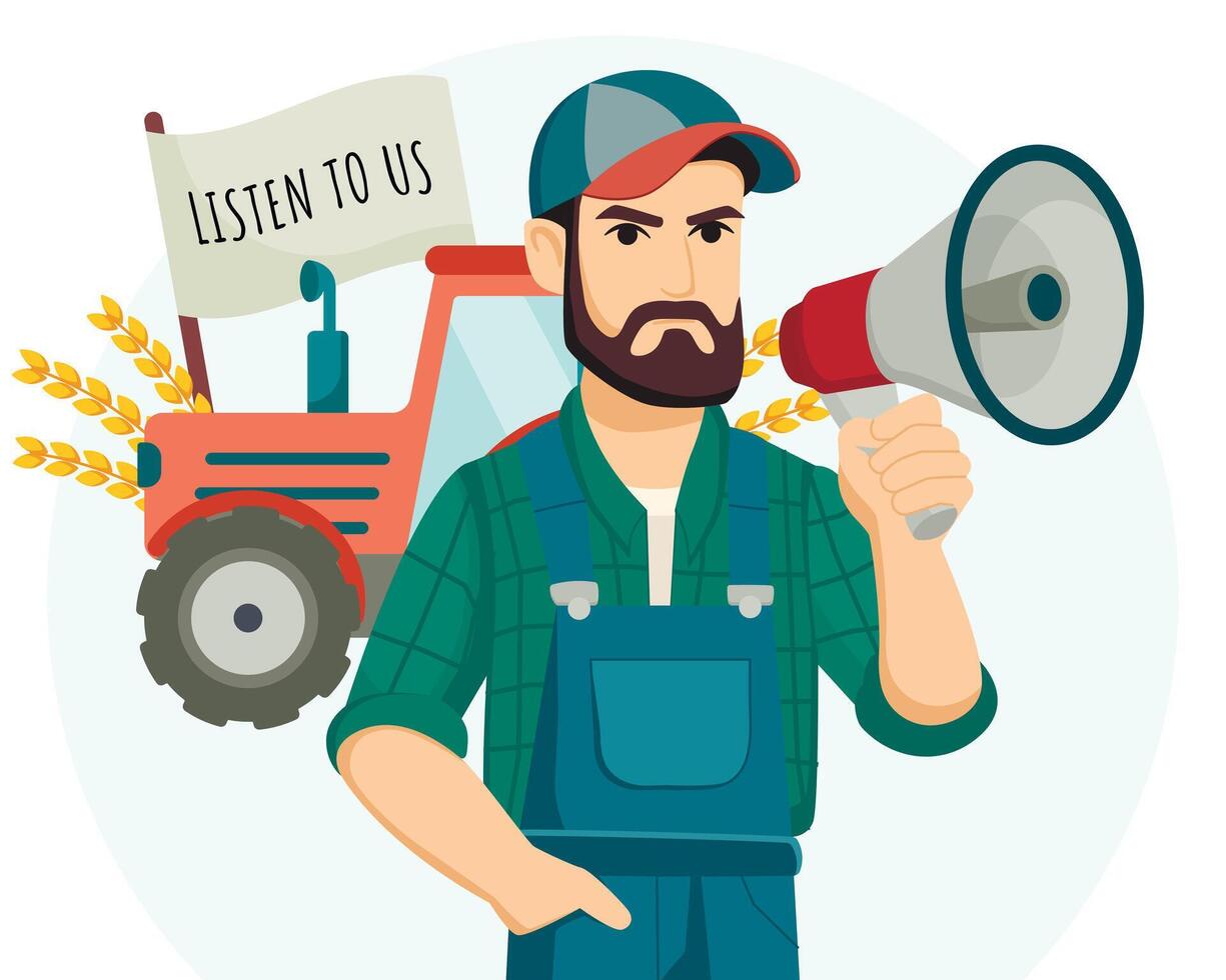 Farmer protest with placard and loudspeaker vector