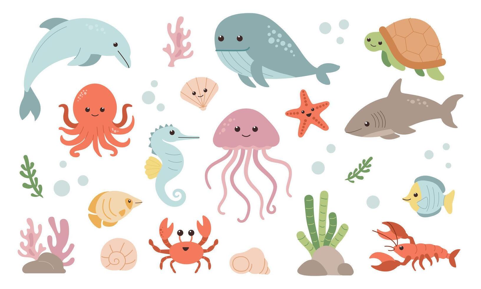 Sea creatures set isolated on white background. vector