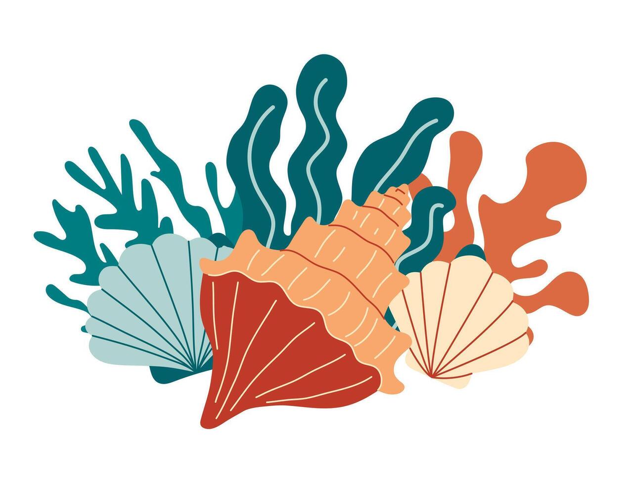 Coral reef with algae, seaweed and seashells in various types vector