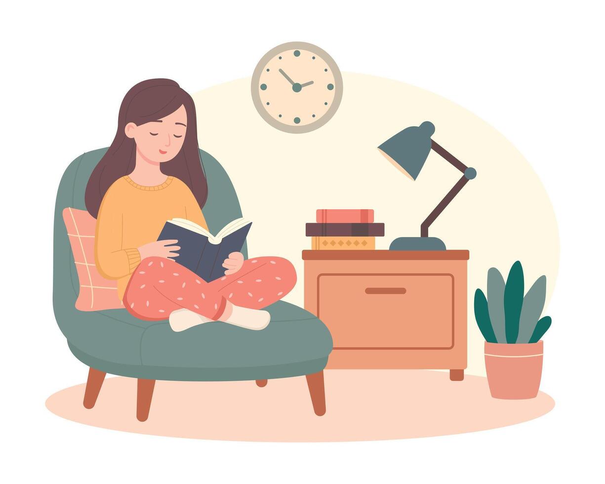 Woman sitting on armchair and reading book vector