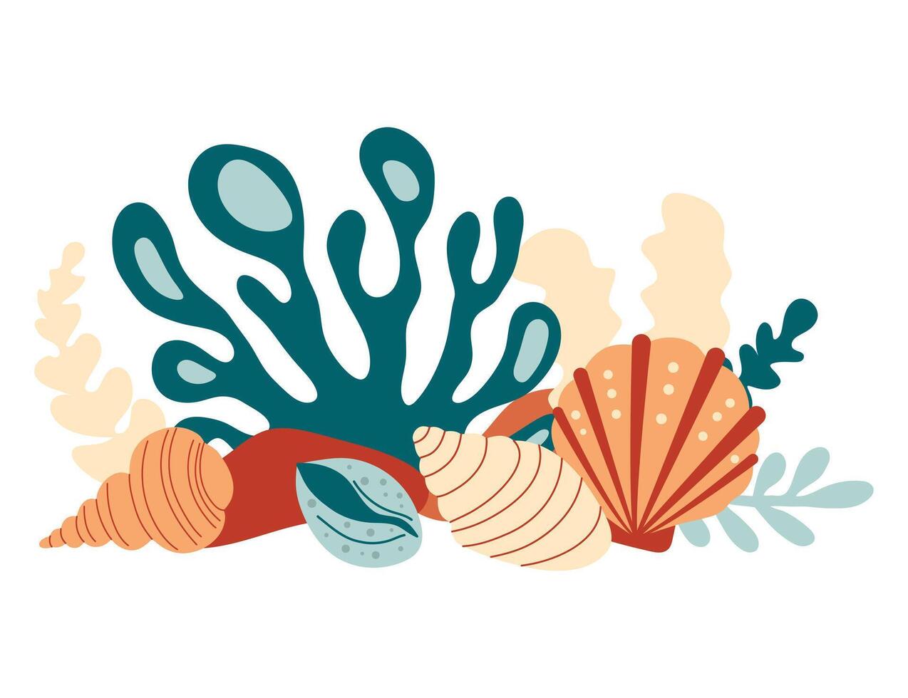 Coral reef with algae, seaweed and seashells in various types vector