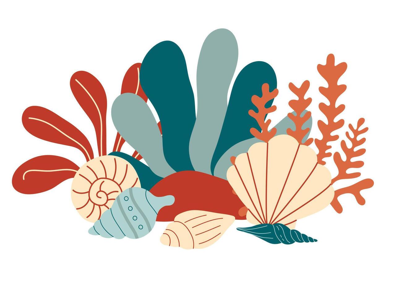 Coral reef with algae, seaweed and seashells in various types vector