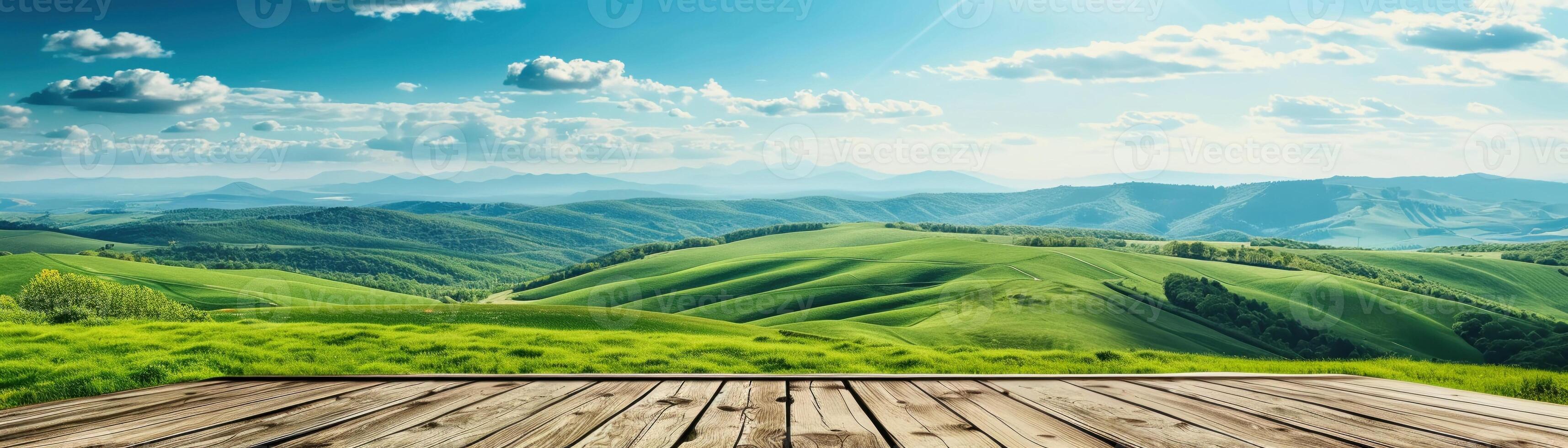 AI generated A wooden podium offers a breathtaking view of vibrant green rolling hills under a blue sky photo