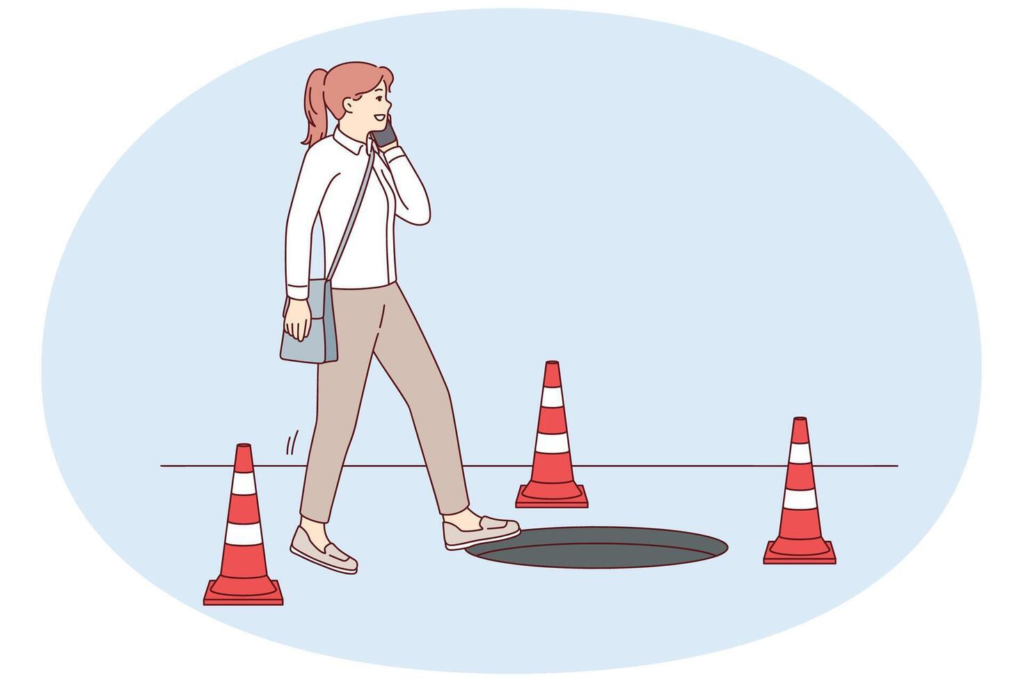descuidado mujer caminando hablando en teléfono riesgos que cae dentro escotilla debido a inatención. vector imagen