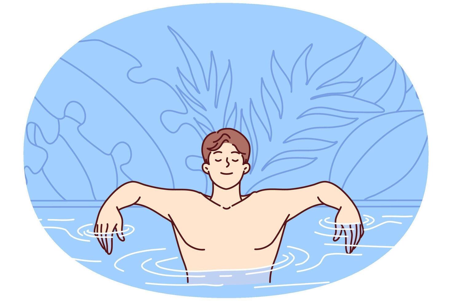 Carefree man is in pool near tropical plants, arms outstretched leans on skirting. Vector image
