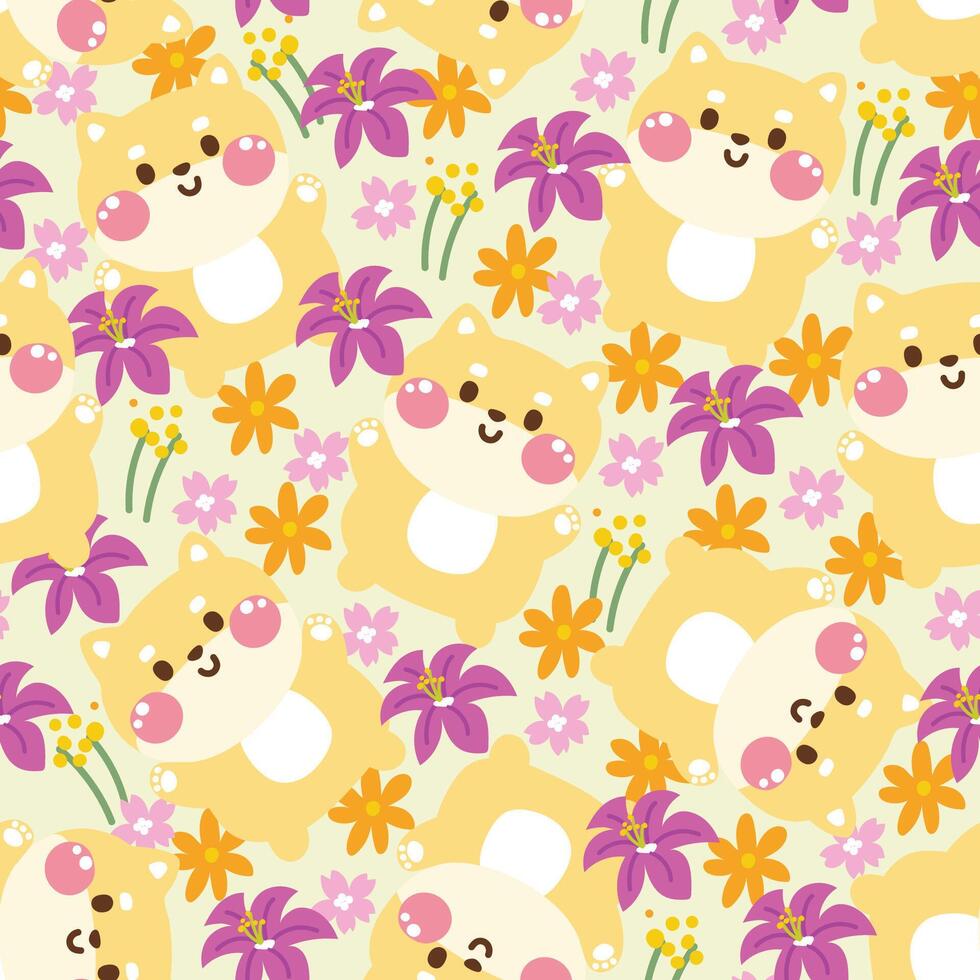 Seamless pattern of cute shiba inu pastel with various flower background.Spring.Blooming.Floral.Sakura.Japanese pet animal character cartoon design.Kawaii.Vector.Illustration. vector