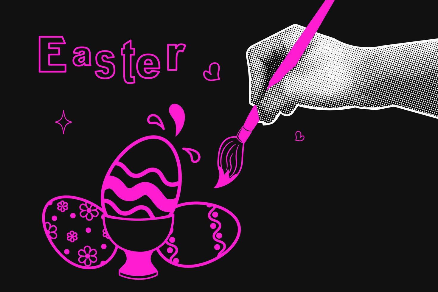Trendy halftone collage on dark background. Hand with a brush dyeing eggs for bright Easter. Social media communication, invitation template, congratulations.Abstract template. Vector illustration