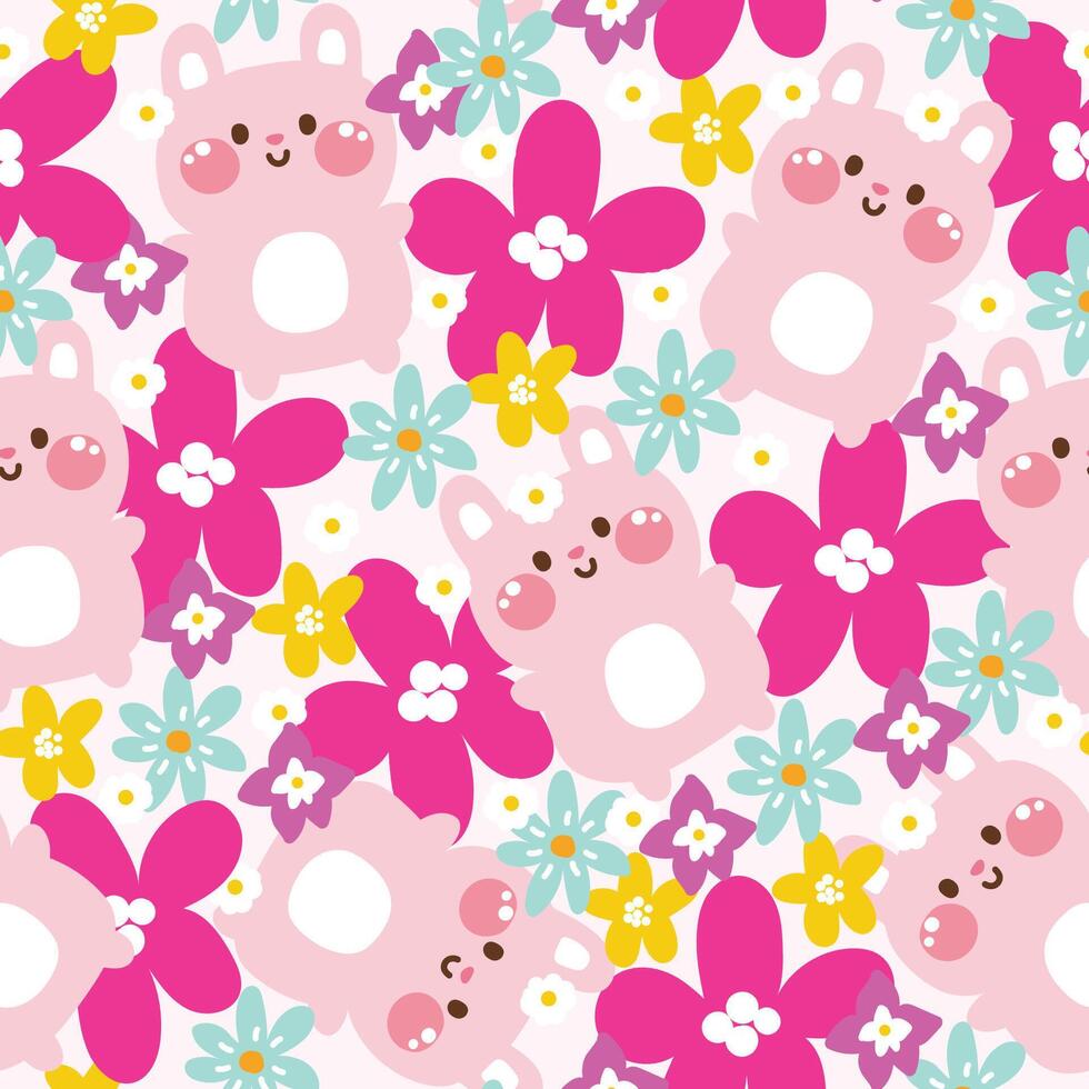 Seamless pattern of cute rabbit pastel with various flower background.Spring.Blooming.Floral.Easter.Rodent animal character cartoon design.Kawaii.Vector.Illustration. vector