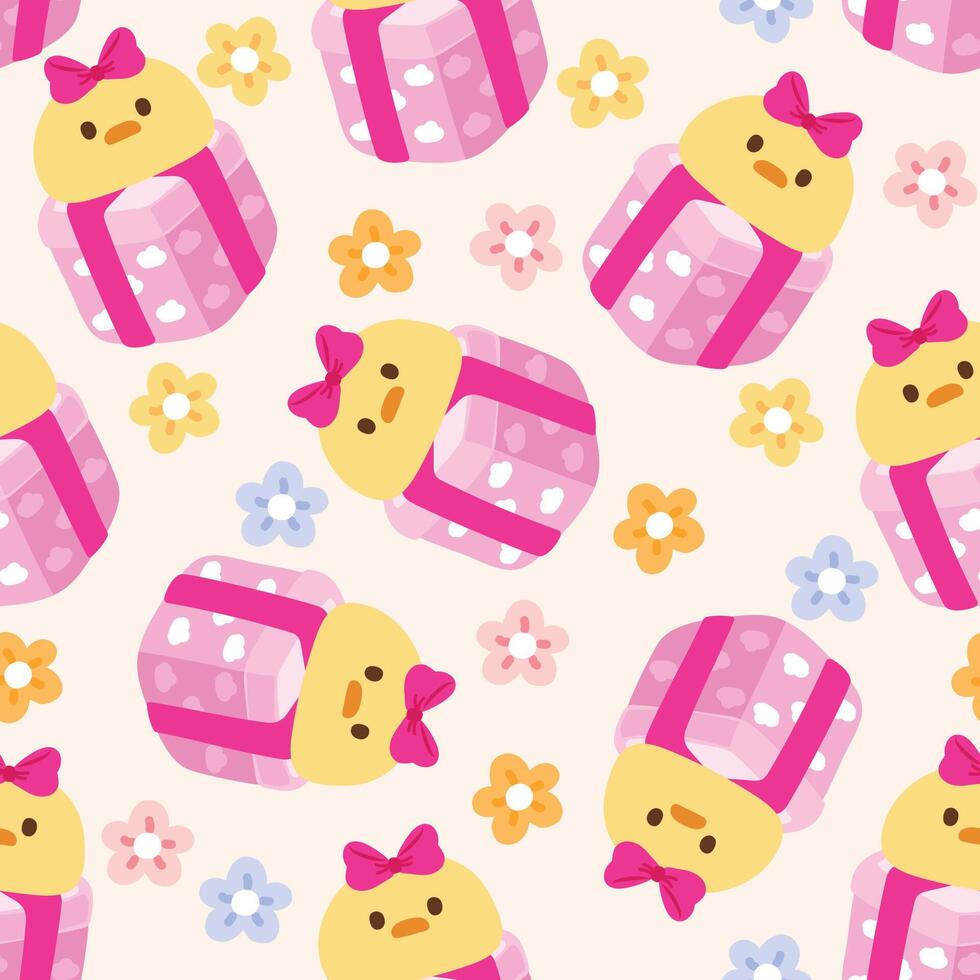 Seamless pattern of cute chicken face with bow on git box flower background.Farm animal character cartoon design.Image for card,poster,birthday,celebrate,party.Kawaii.Vector.Illustration. vector