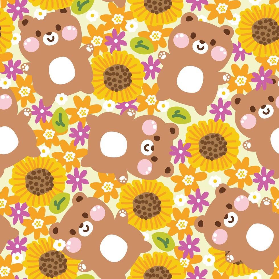 Seamless pattern of cute teddy bear pastel with various flower and leaf background.Spring.Blooming.Floral.Sunflower.Wild animal character cartoon design.Kawaii.Vector.Illustration. vector