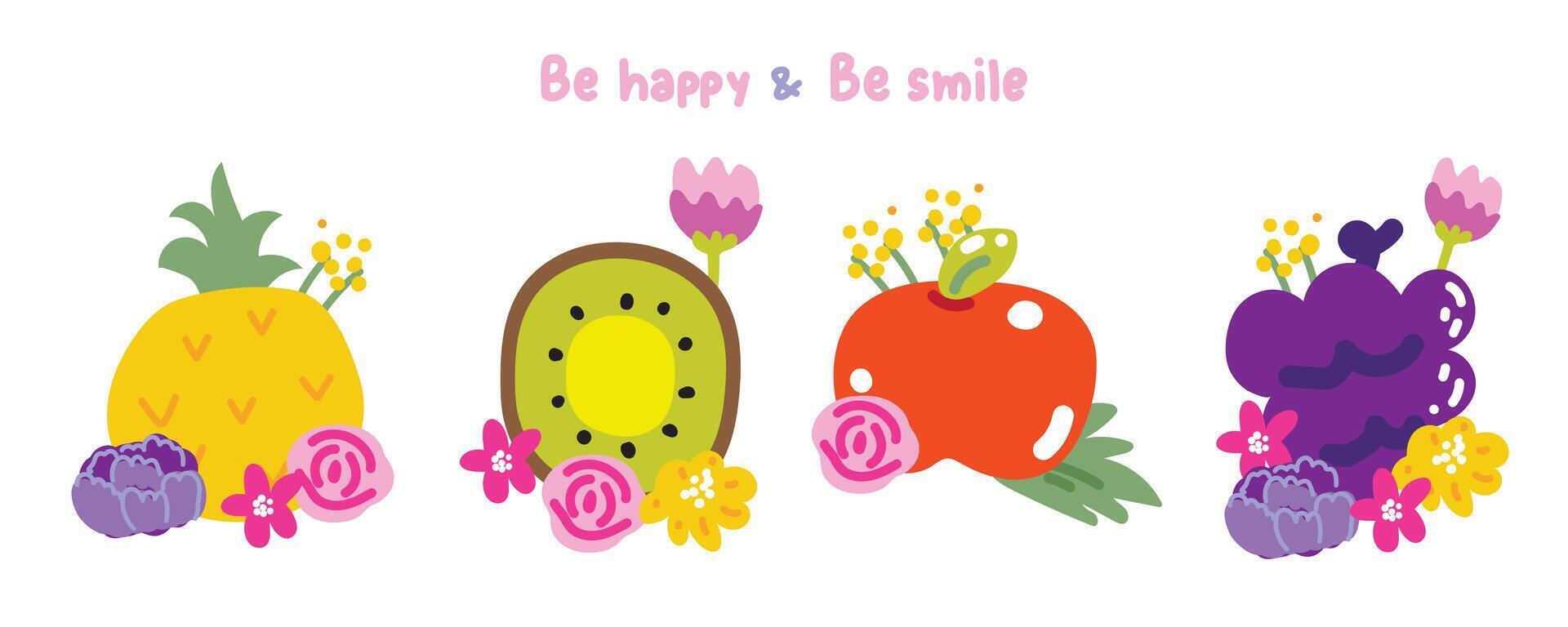 Set of cute various fruits with flower cartoon on white background.Fresh.Floral.Spring.Pineapple,kiwi,apple,grape hand drawn.Image for card,poster,sticker.Kawaii.Vector.Illustration. vector