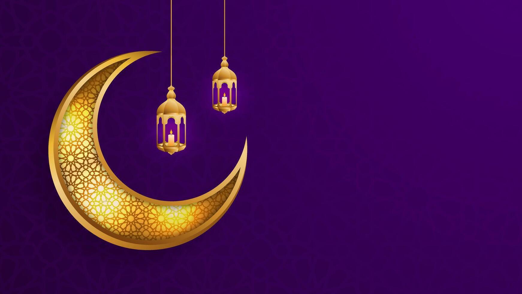 elegancia islámico oro linterna y creciente Luna celebracion tarjeta.morada fondo, perfecto para eid Mubarak y Ramadán kareem con Copiar espacio vector