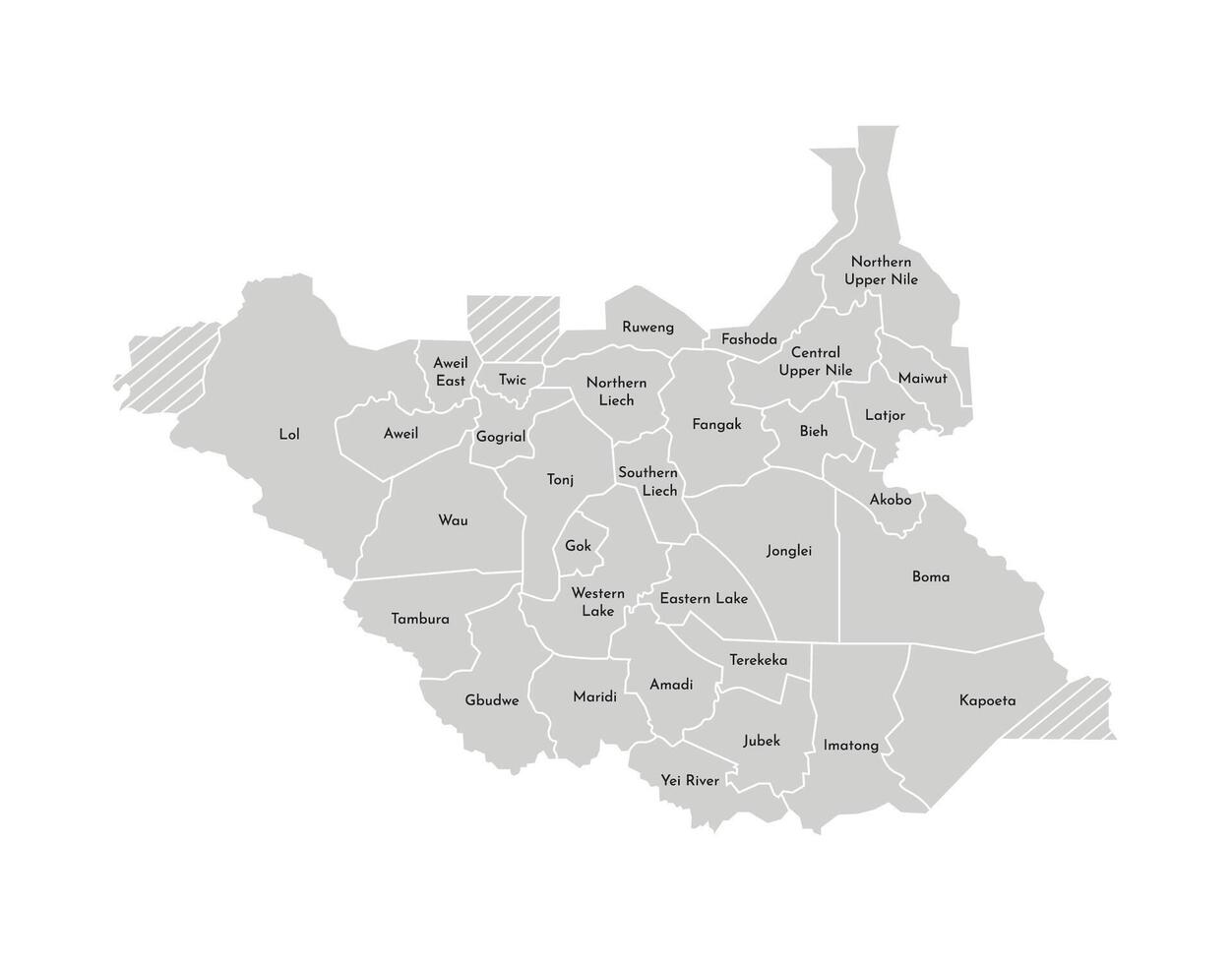 Vector isolated illustration of simplified administrative map of South Sudan. Borders and names of the states, regions. Grey silhouettes. White outline