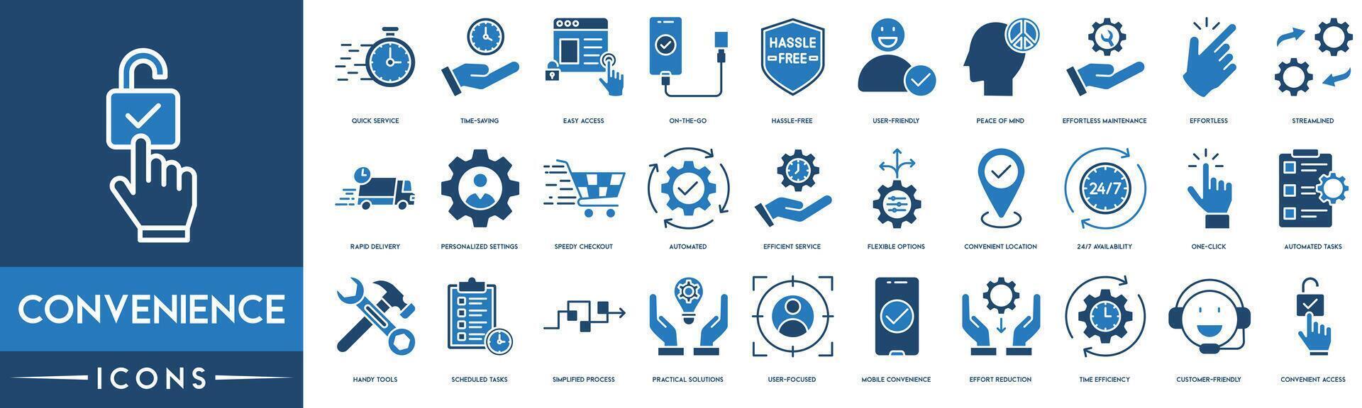 conveniencia icono colocar. rápido servicio, conveniente acceso, hora ahorro, fácil acceso, molestia gratis, usuario amigable, simplificado, automatizado, eficiente servicio, flexible opciones y conveniente ubicación vector